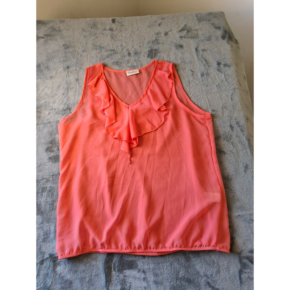 Free Kisses Womens Ruffle V-Neck Sleeveless Sheer Chiffon Blouse Coral Pink L